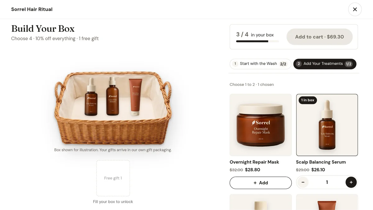 Build a Box, a shopper filling a wicker basket box step by step on the product page